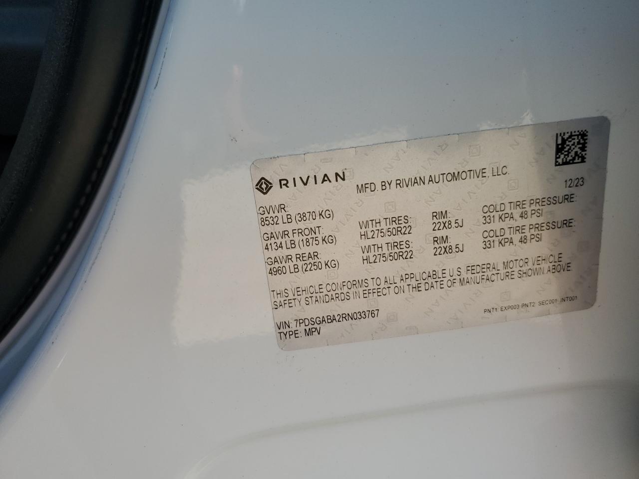 2024 Rivian R1S Adventure VIN: 7PDSGABA2RN033767 Lot: 70238394