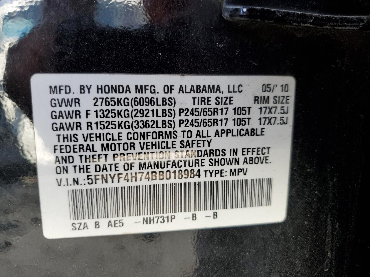 5FNYF4H74BB018984 2011 Honda Pilot Exln