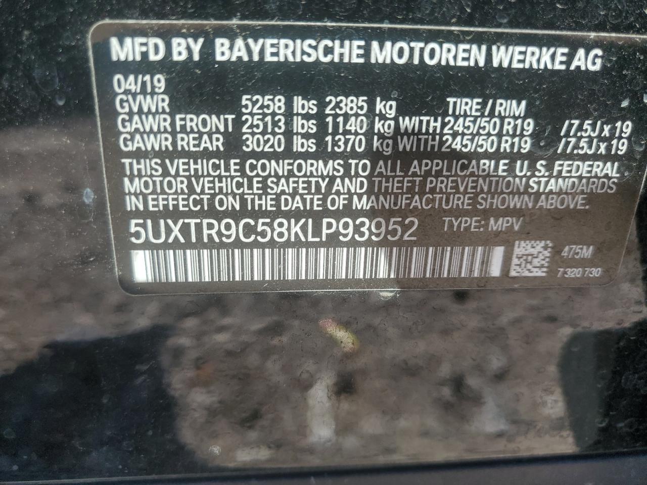 5UXTR9C58KLP93952 2019 BMW X3 xDrive30I