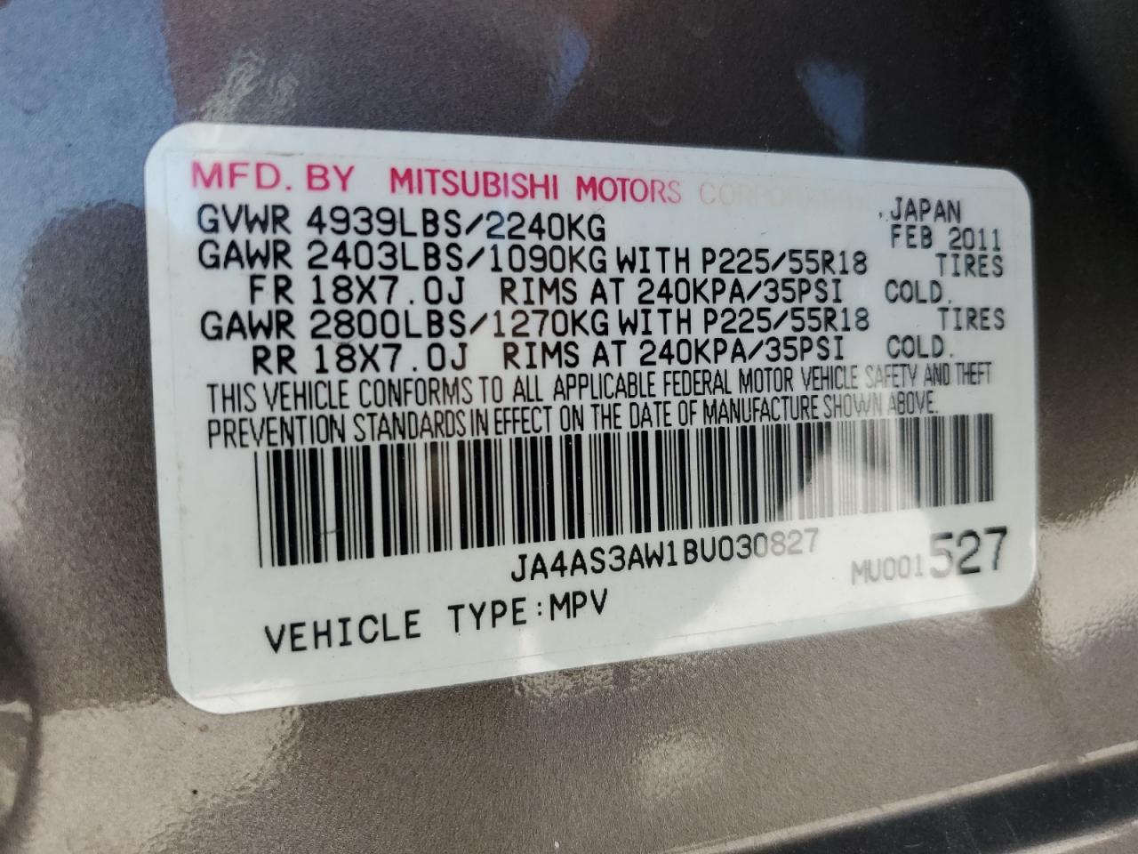 2011 Mitsubishi Outlander Se VIN: JA4AS3AW1BU030827 Lot: 72156404