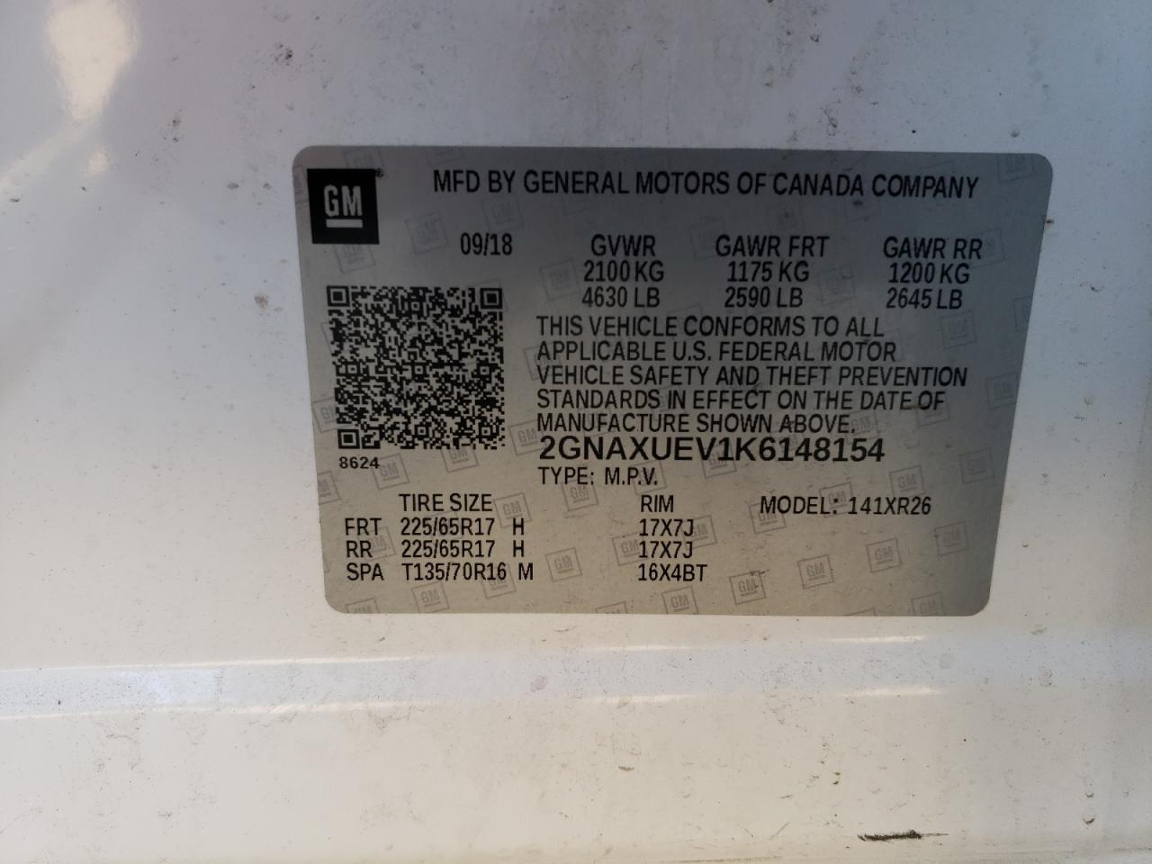 2GNAXUEV1K6148154 2019 Chevrolet Equinox Lt