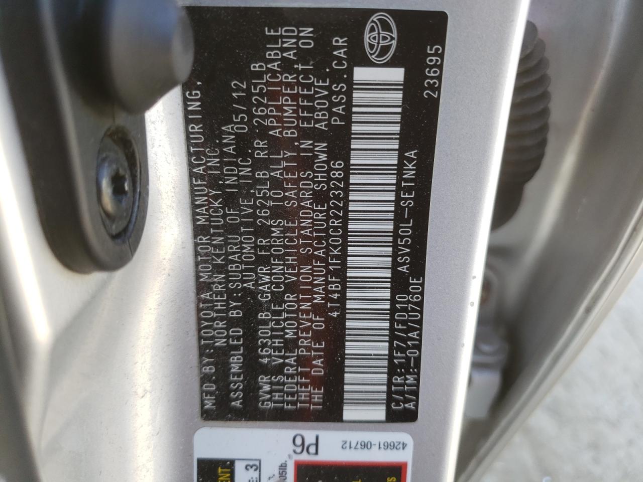 4T4BF1FK0CR223286 2012 Toyota Camry Base