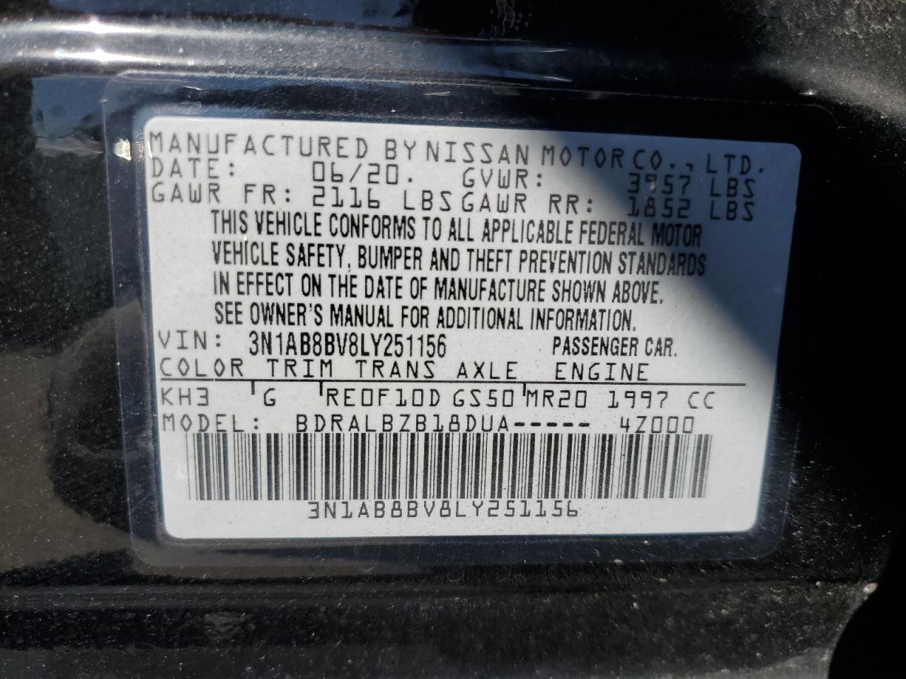 2020 Nissan Sentra S VIN: 3N1AB8BV8LY251156 Lot: 70398884