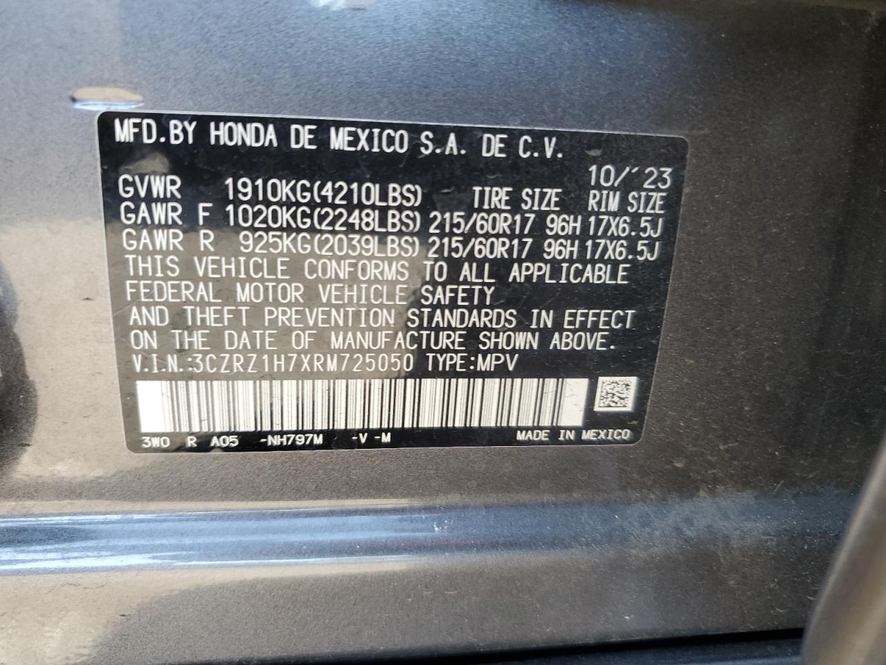 3CZRZ1H7XRM725050 2024 Honda Hr-V Exl