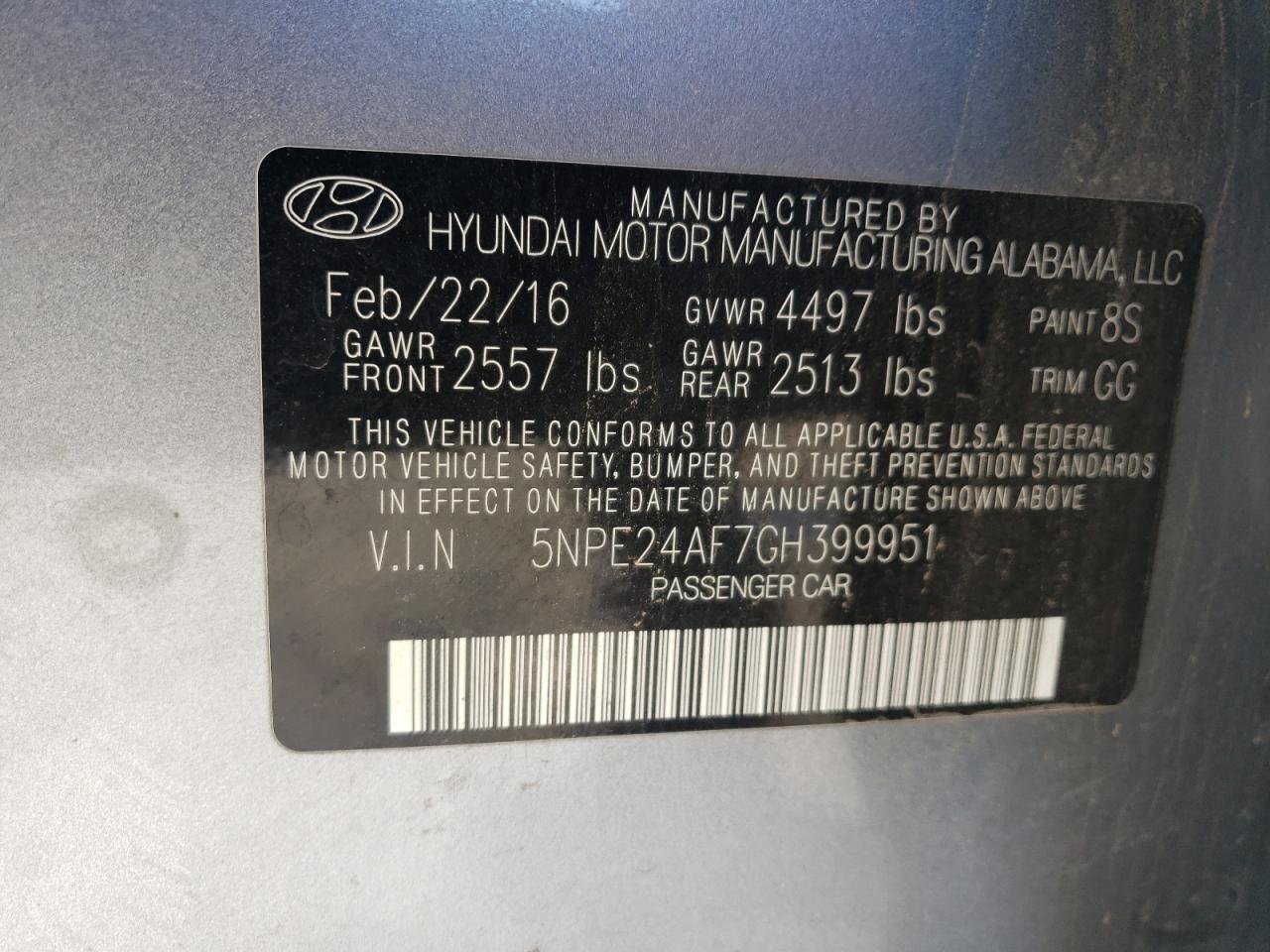 5NPE24AF7GH399951 2016 Hyundai Sonata Se