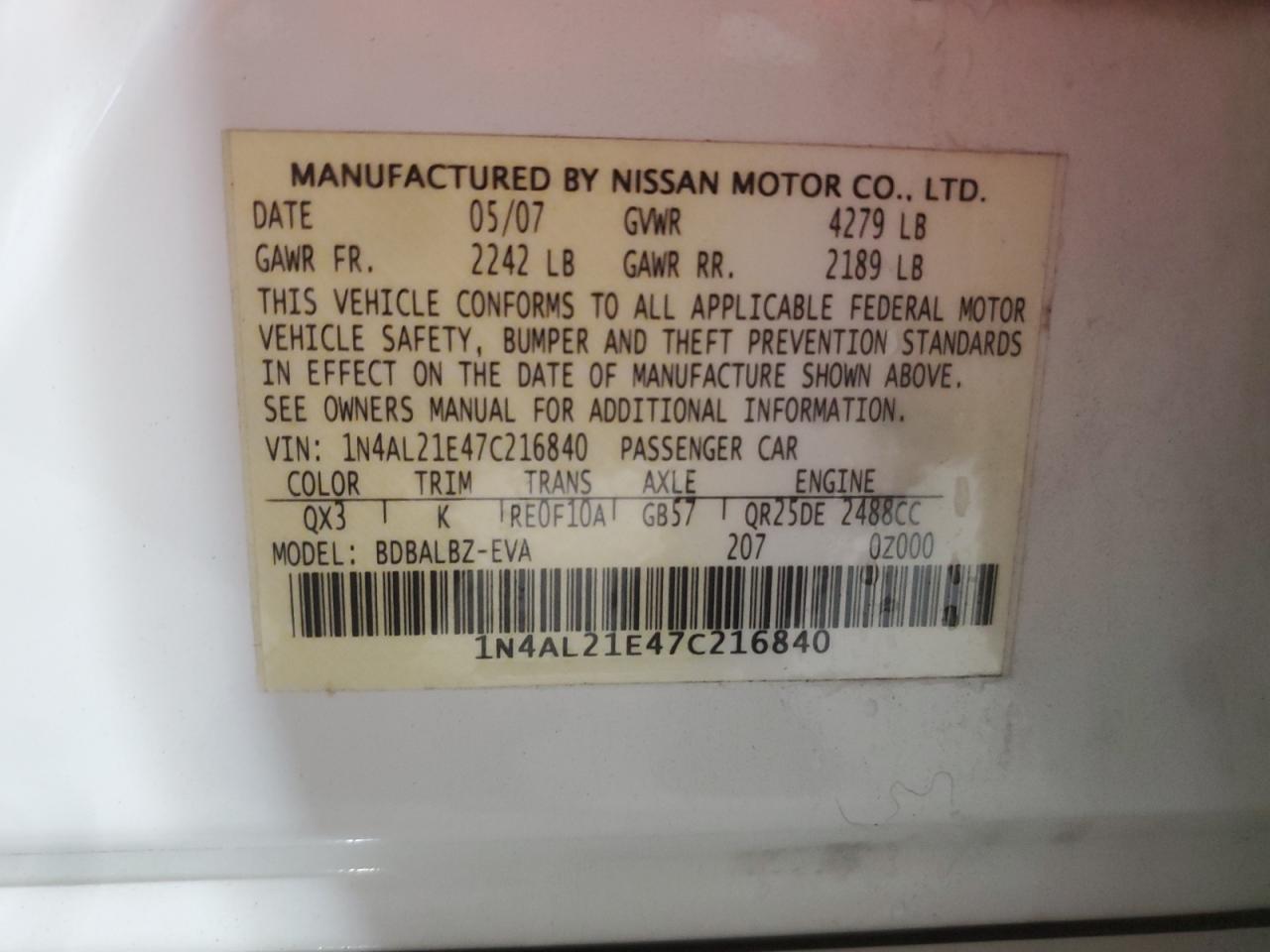 1N4AL21E47C216840 2007 Nissan Altima 2.5