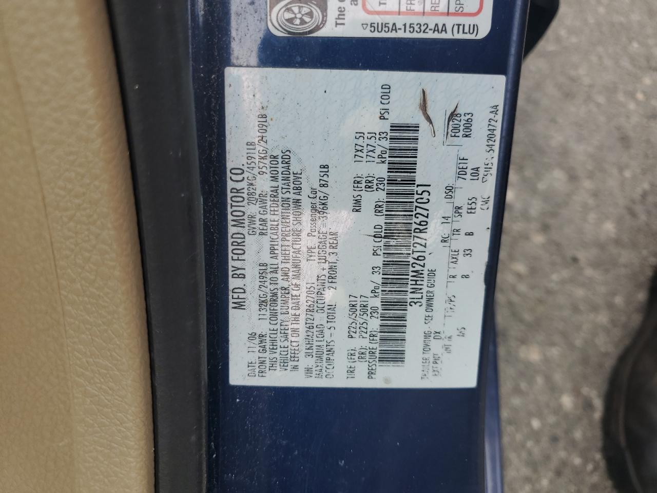 3LNHM26T27R627051 2007 Lincoln Mkz