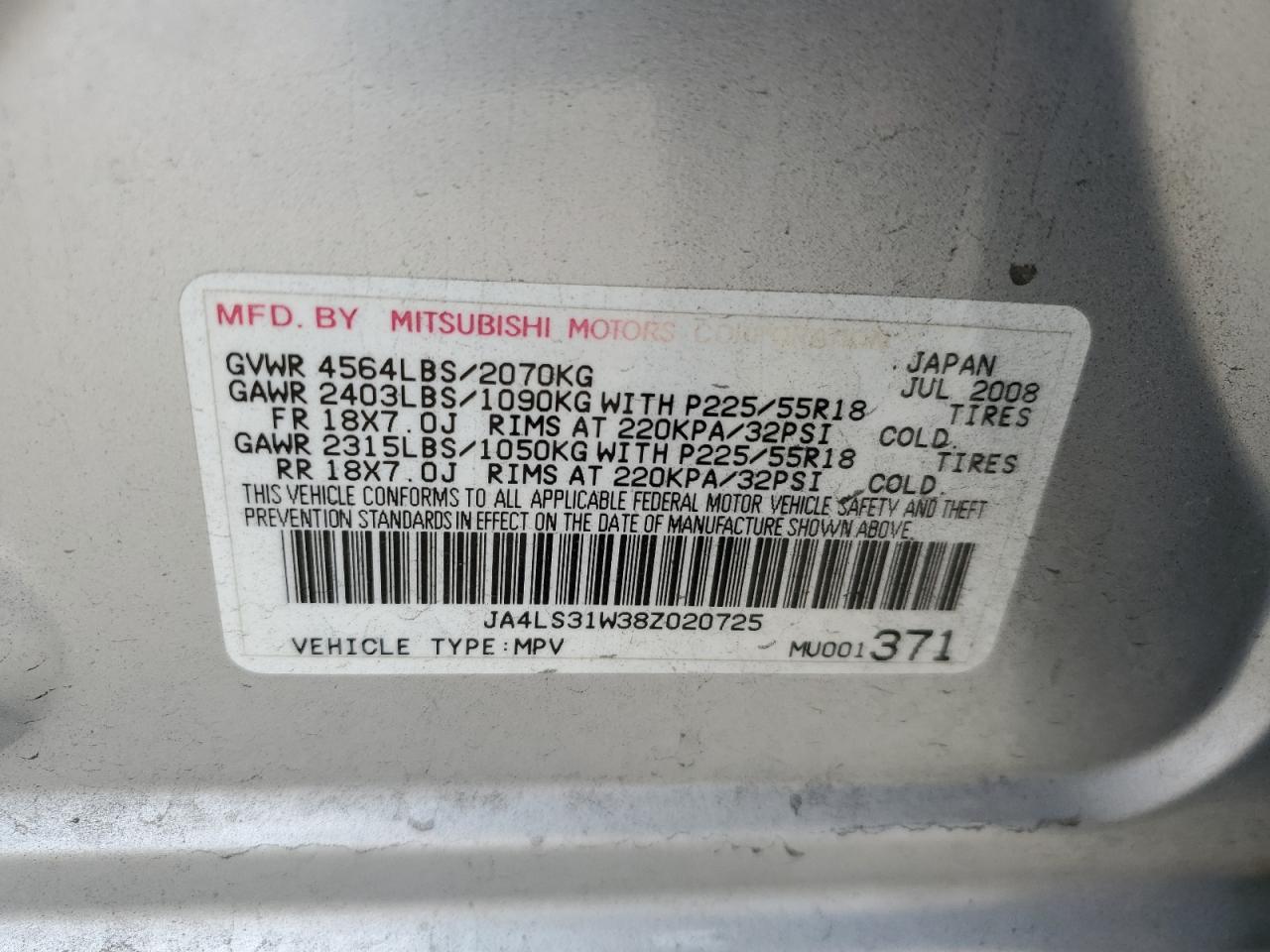 JA4LS31W38Z020725 2008 Mitsubishi Outlander Se