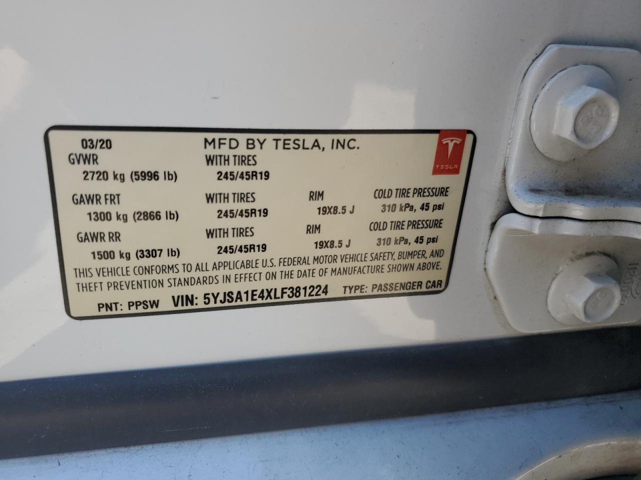 5YJSA1E4XLF381224 2020 Tesla Model S