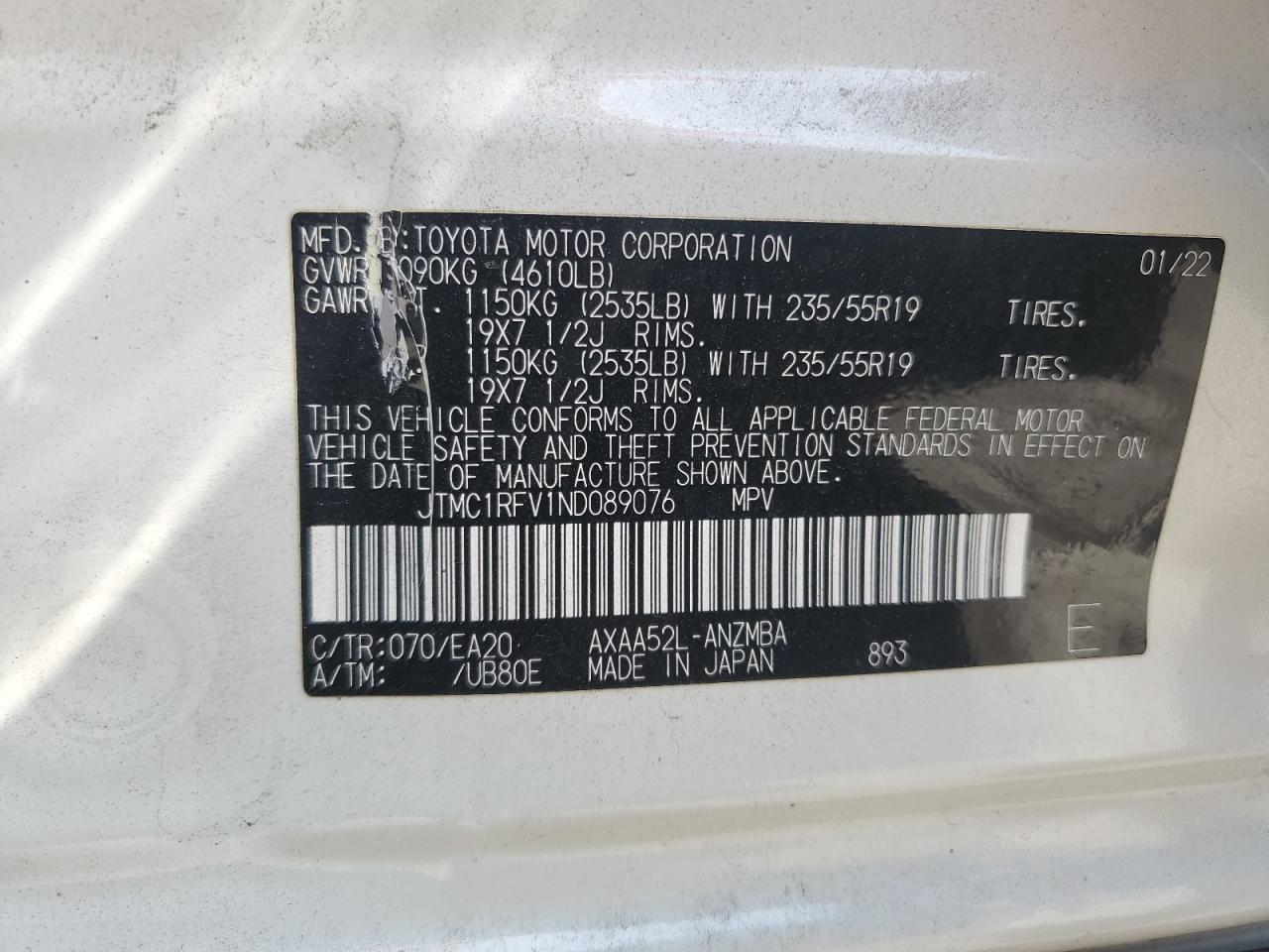 JTMC1RFV1ND089076 2022 Toyota Rav4 Xle Premium