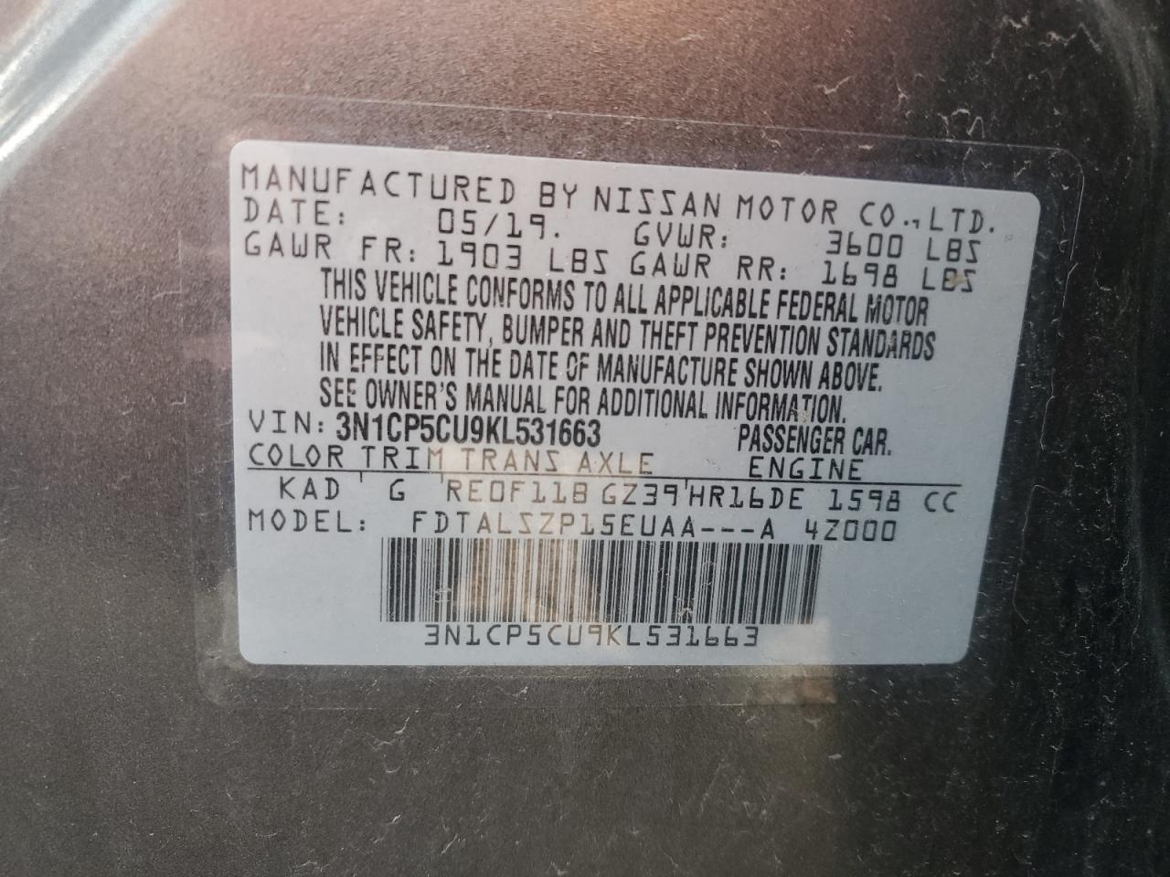 3N1CP5CU9KL531663 2019 Nissan Kicks S