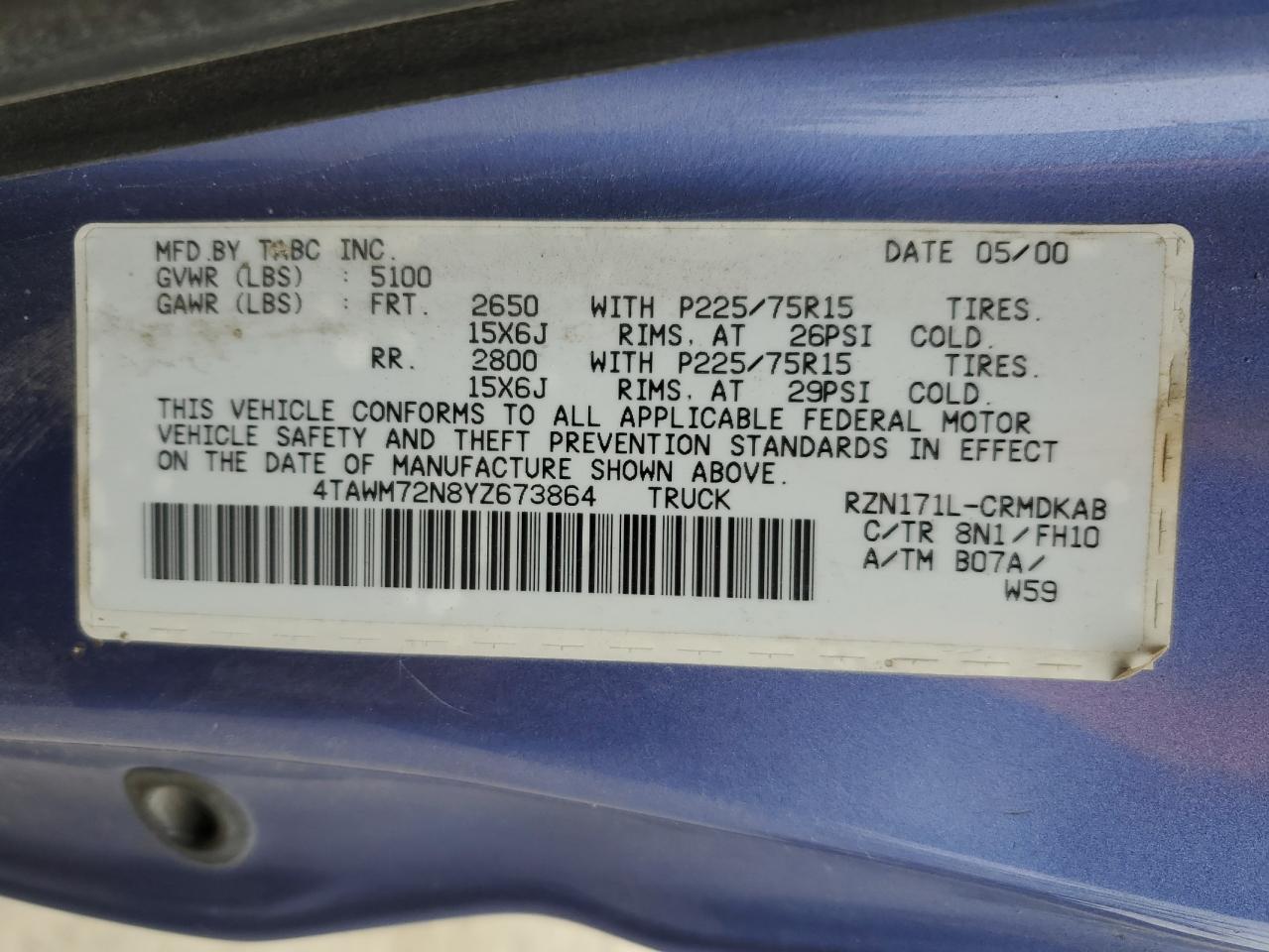 2000 Toyota Tacoma Xtracab VIN: 4TAWM72N8YZ673864 Lot: 71469204