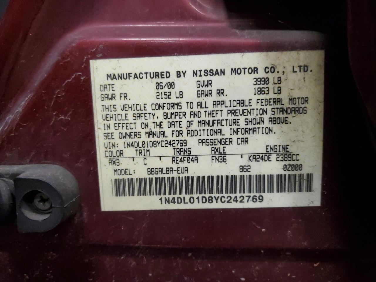 2000 Nissan Altima Xe VIN: 1N4DL01D8YC242769 Lot: 70635434