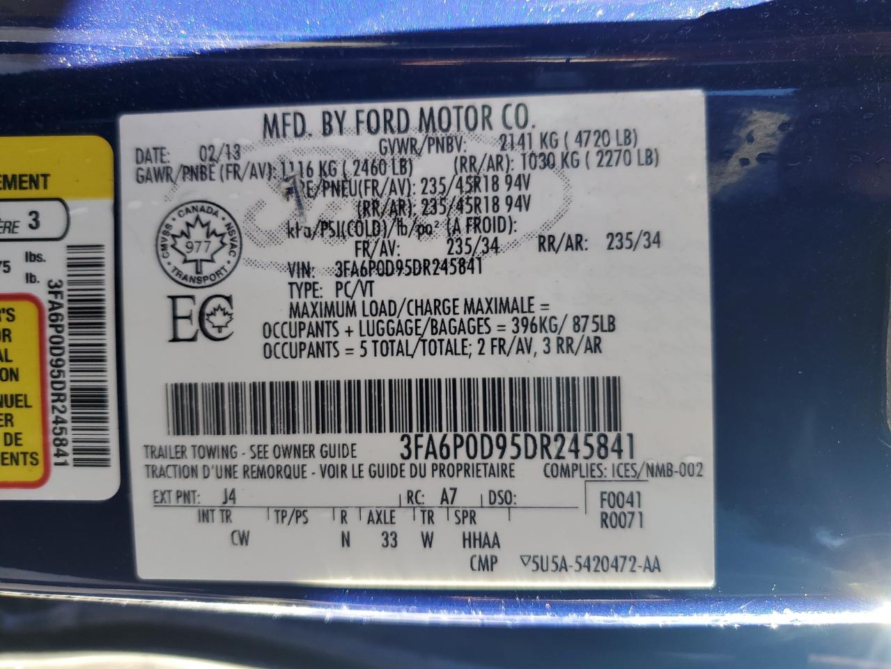 2013 Ford Fusion Titanium VIN: 3FA6P0D95DR245841 Lot: 71834874