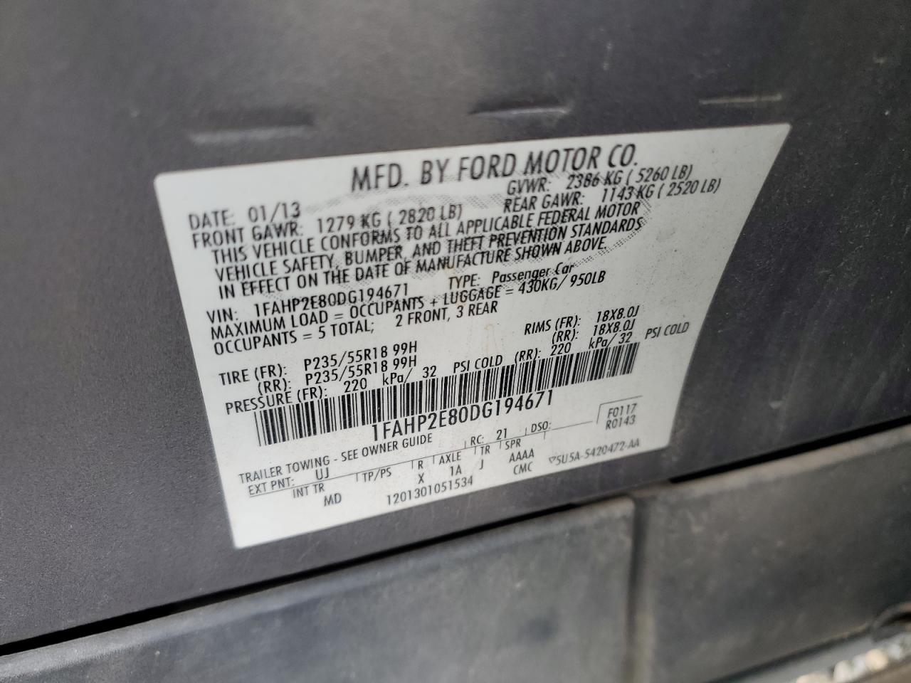 1FAHP2E80DG194671 2013 Ford Taurus Sel