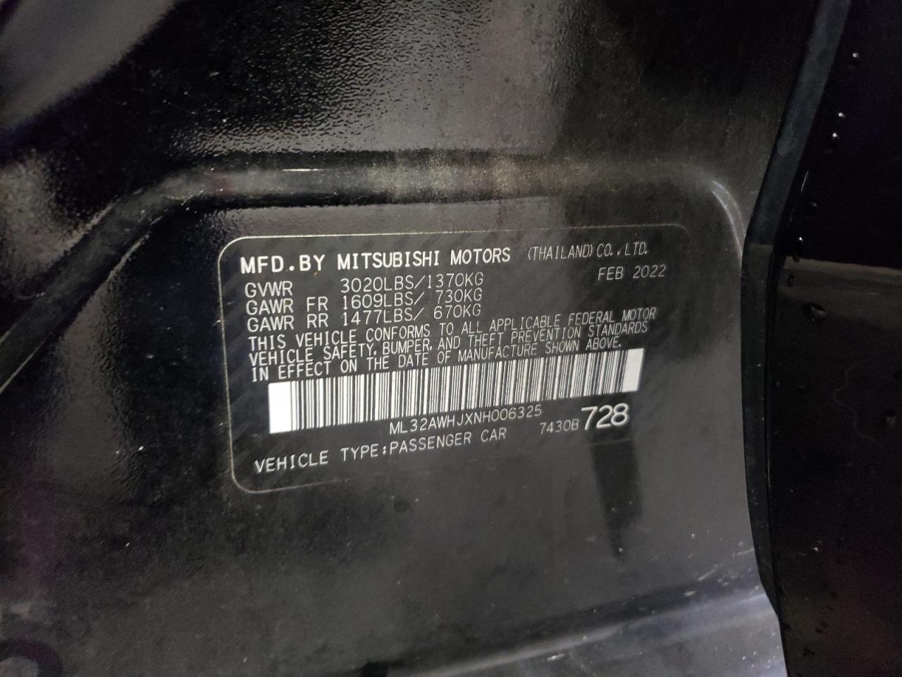 2022 Mitsubishi Mirage Se VIN: ML32AWHJXNH006325 Lot: 72072904