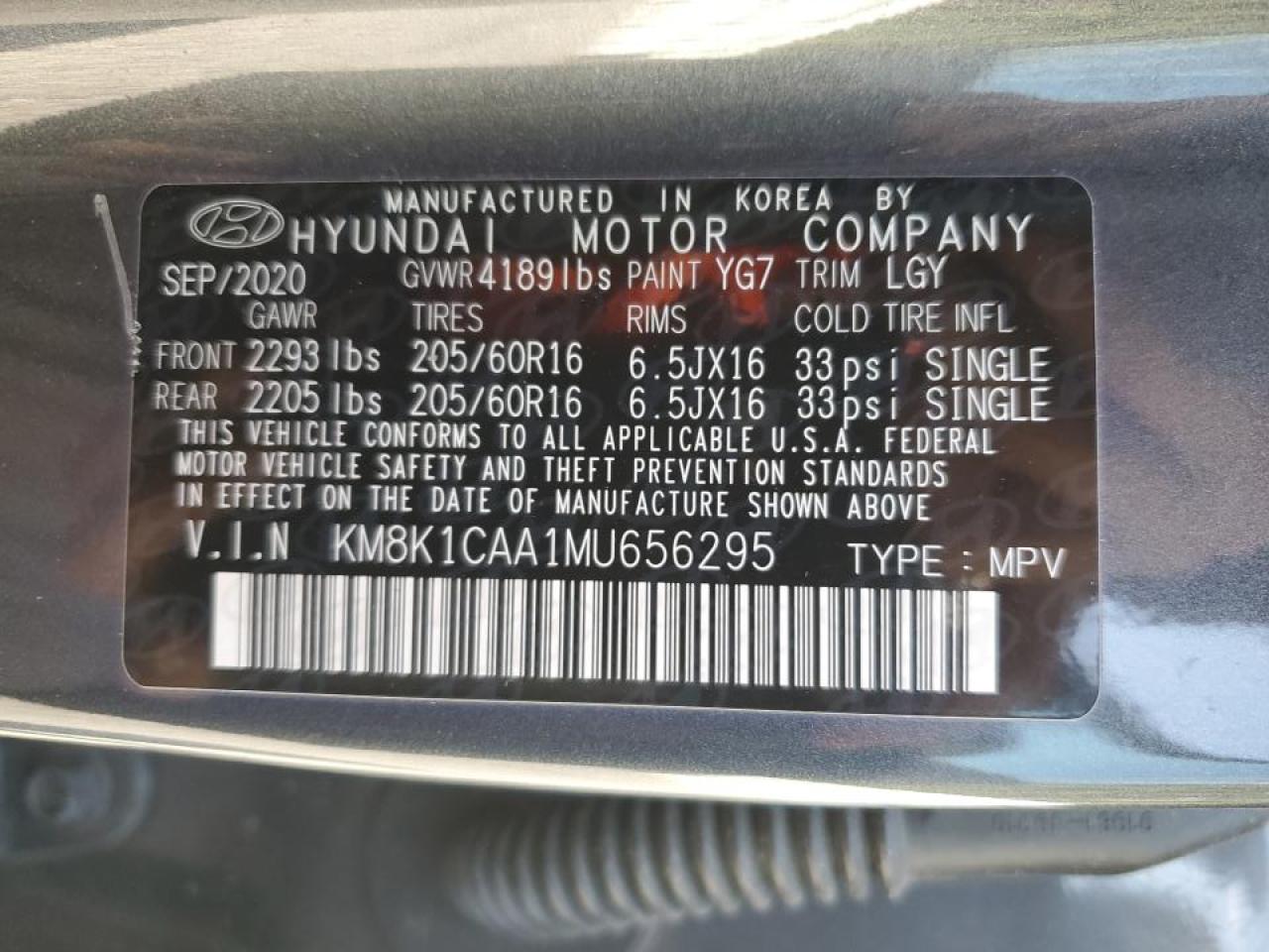 2021 Hyundai Kona Se VIN: KM8K1CAA1MU656295 Lot: 72766764