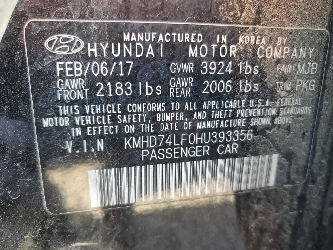 KMHD74LF0HU393356 2017 Hyundai Elantra Se