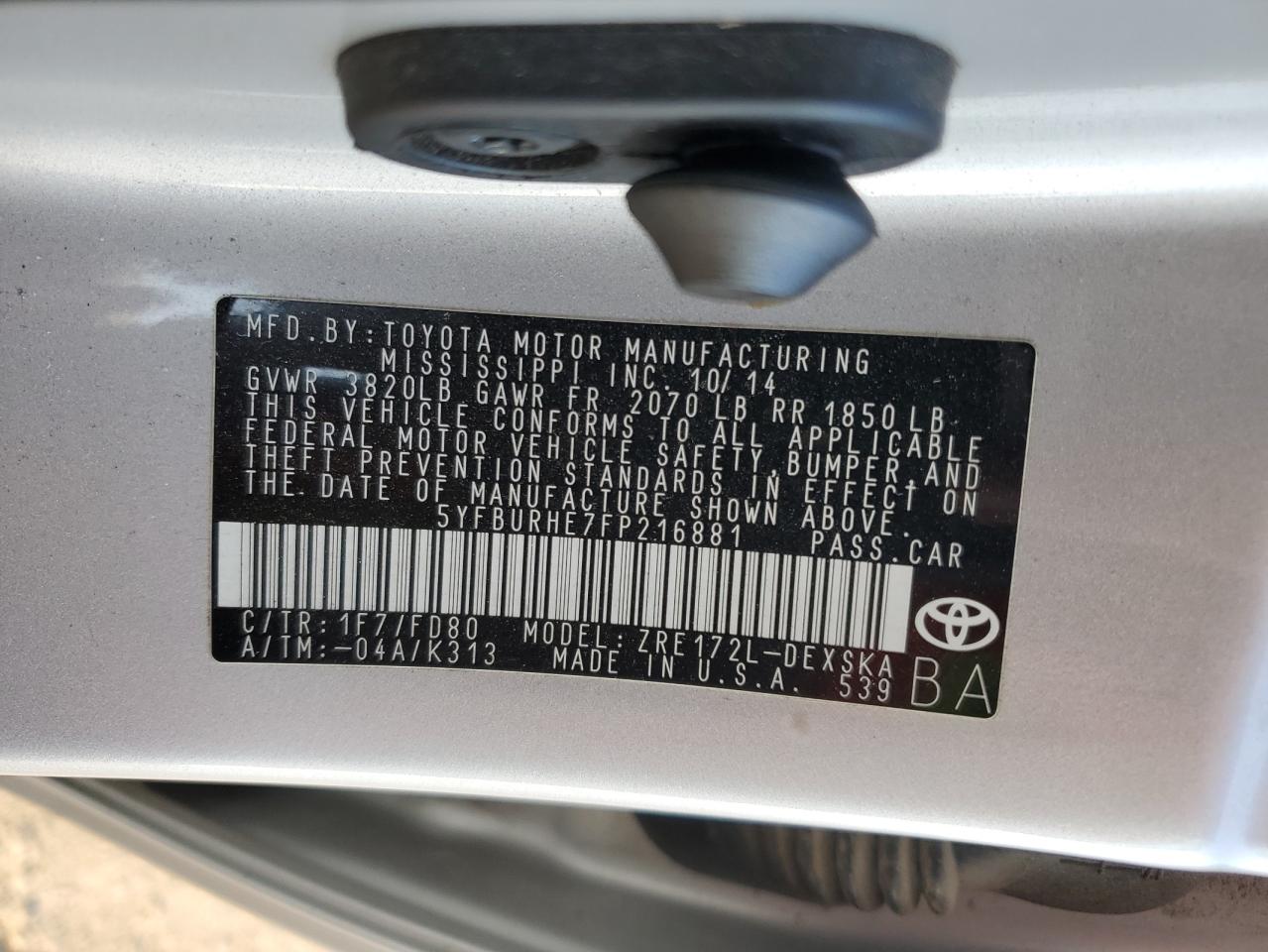 5YFBURHE7FP216881 2015 TOYOTA COROLLA - Image 14