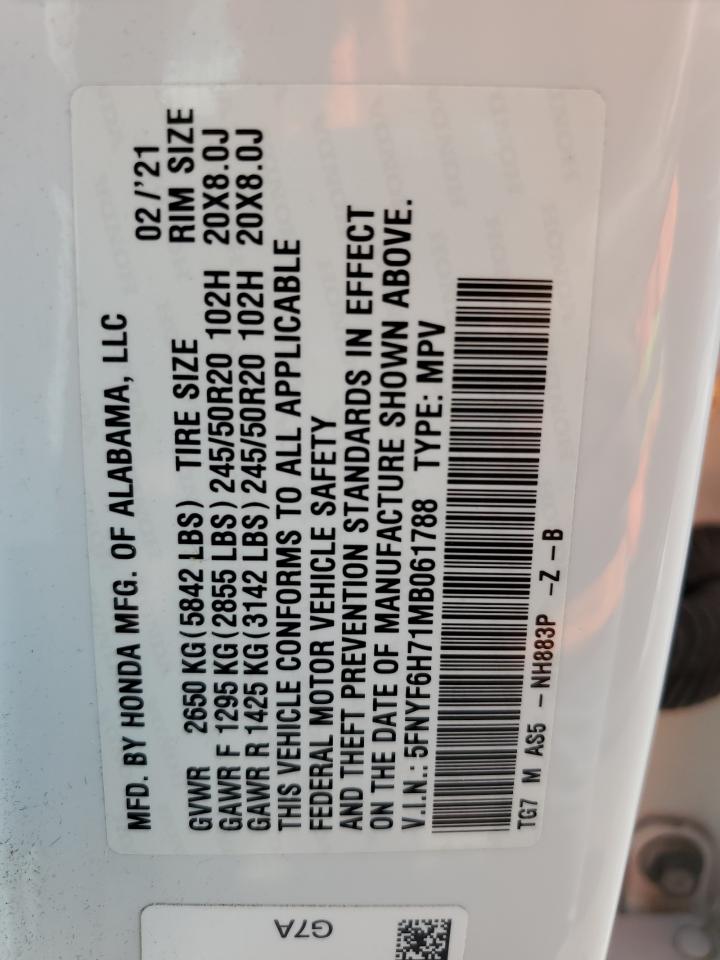 2021 Honda Pilot Black VIN: 5FNYF6H71MB061788 Lot: 71676184