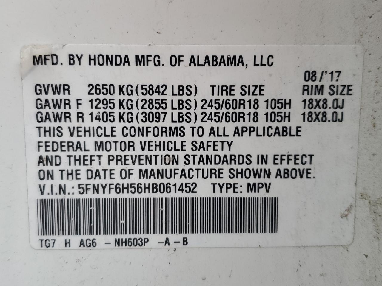 5FNYF6H56HB061452 2017 Honda Pilot Exl