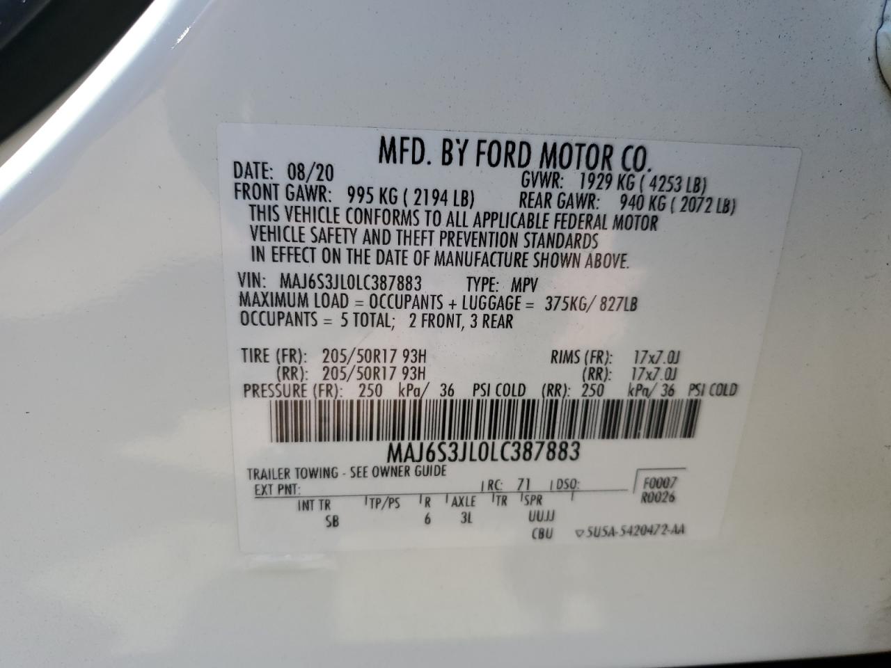 MAJ6S3JL0LC387883 2020 Ford Ecosport Ses