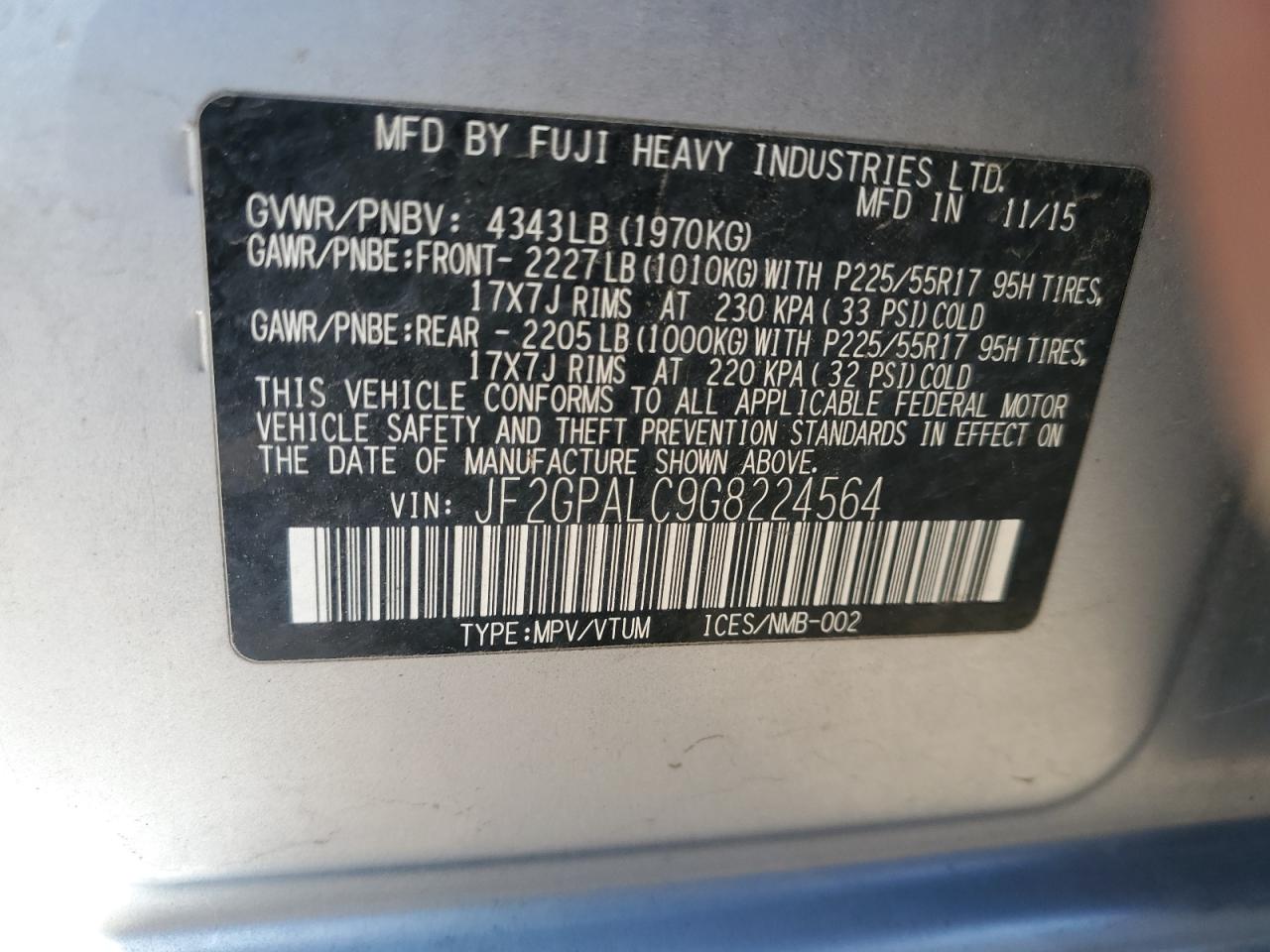 JF2GPALC9G8224564 2016 Subaru Crosstrek Limited