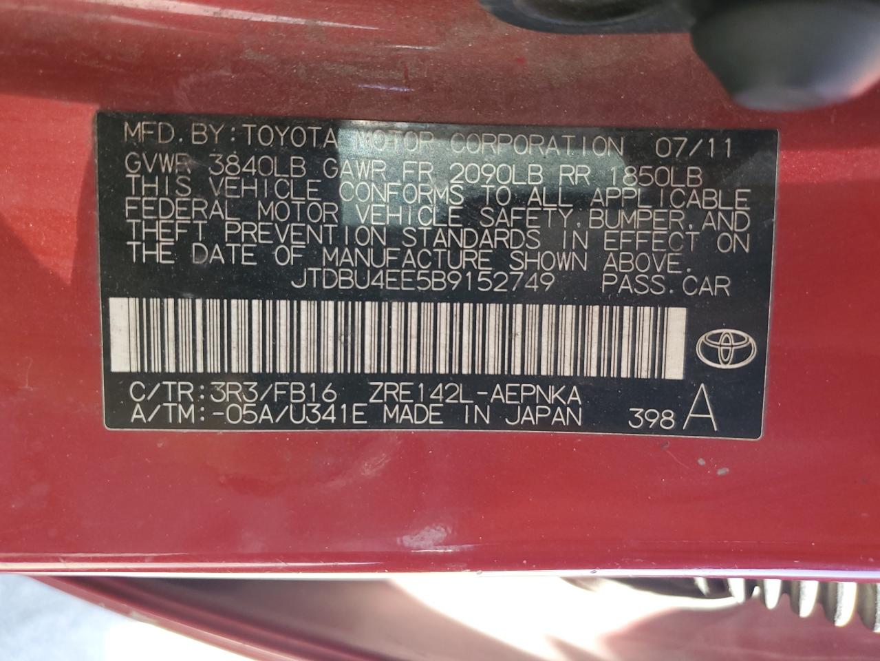 JTDBU4EE5B9152749 2011 Toyota Corolla Base