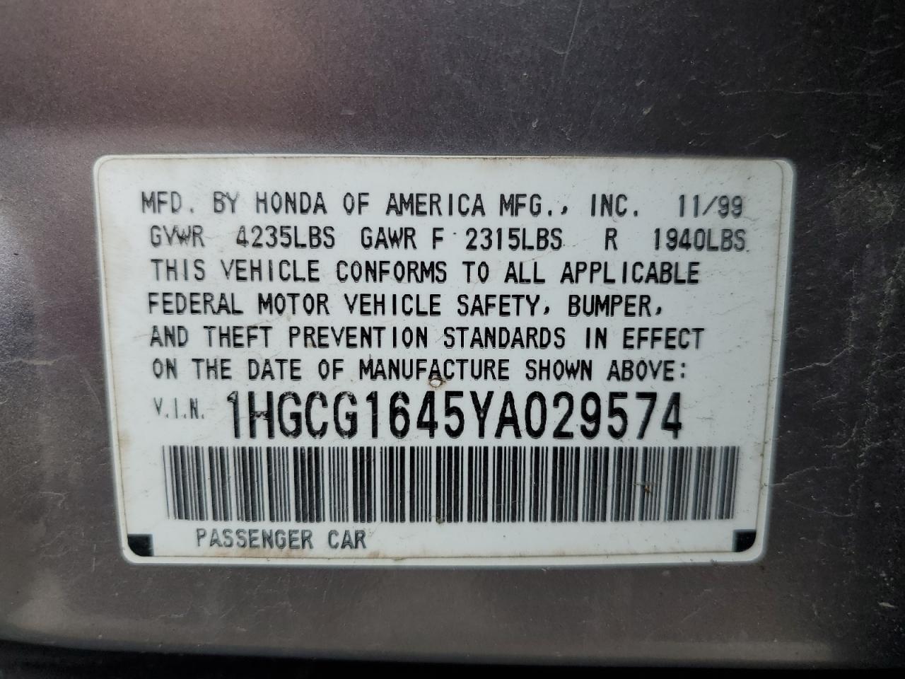 1HGCG1645YA029574 2000 Honda Accord Lx