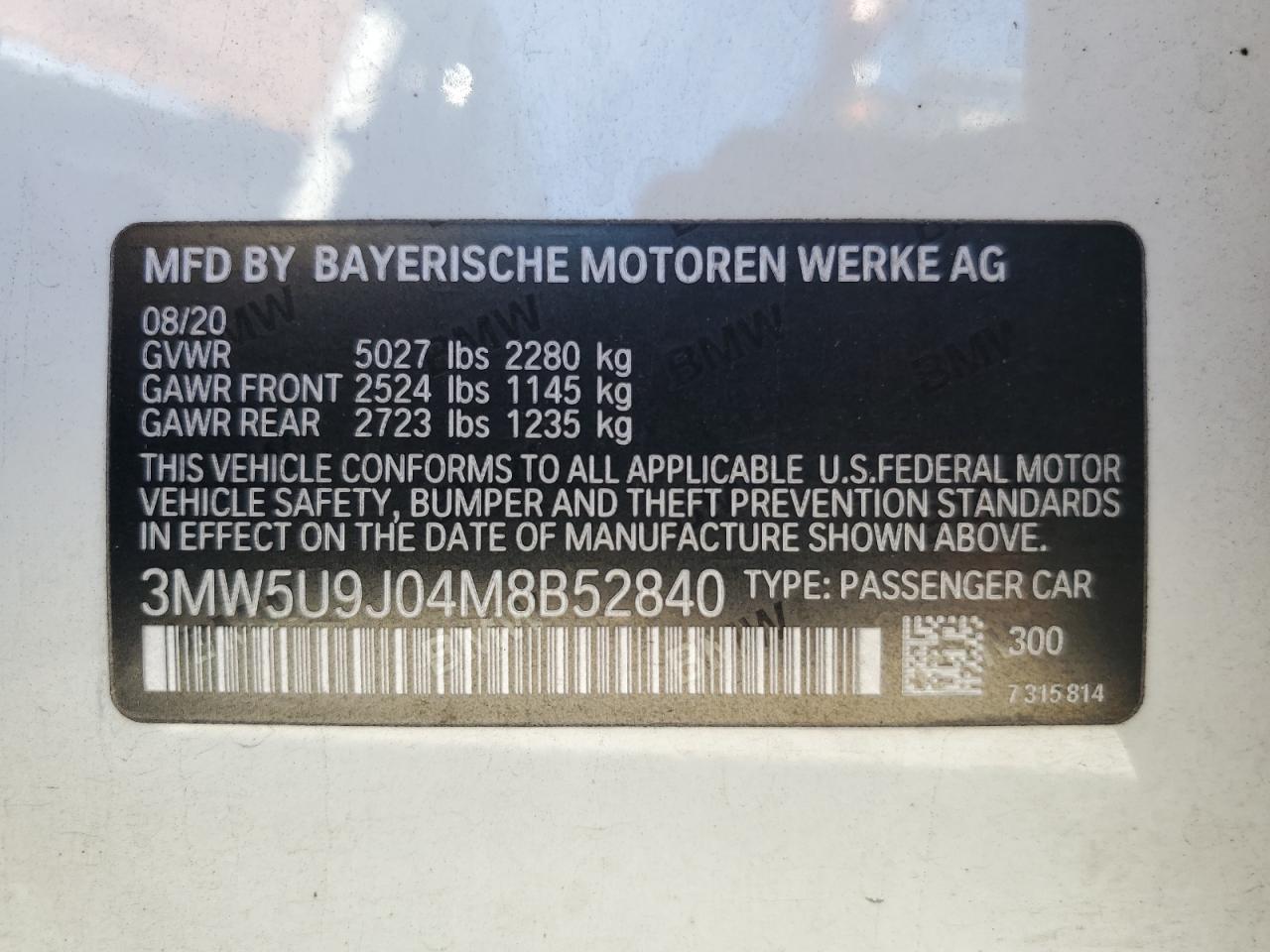 2021 BMW M340Xi VIN: 3MW5U9J04M8B52840 Lot: 69860264