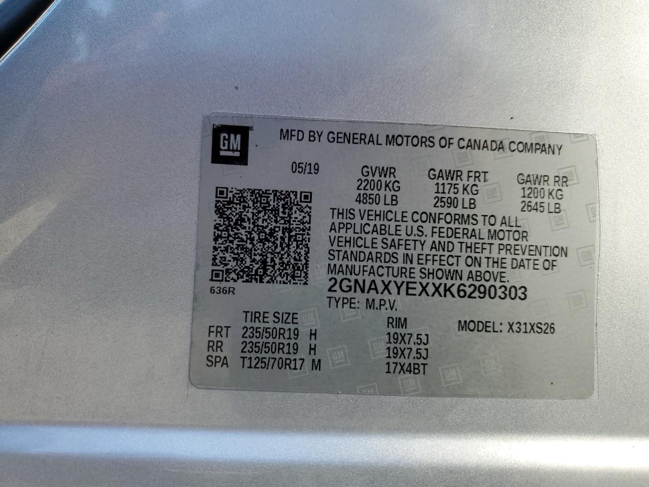 2GNAXYEXXK6290303 2019 Chevrolet Equinox Premier