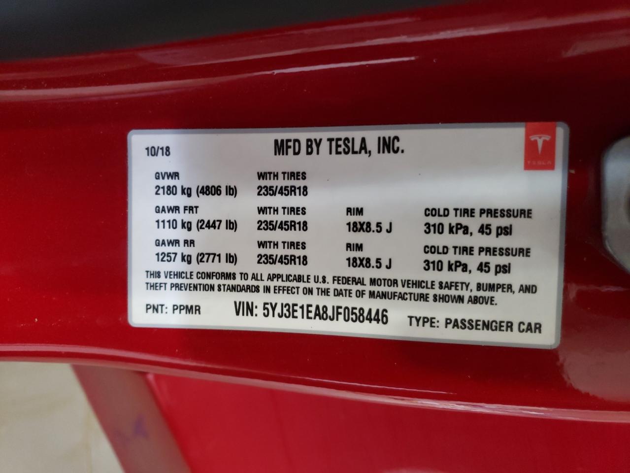 5YJ3E1EA8JF058446 2018 Tesla Model 3