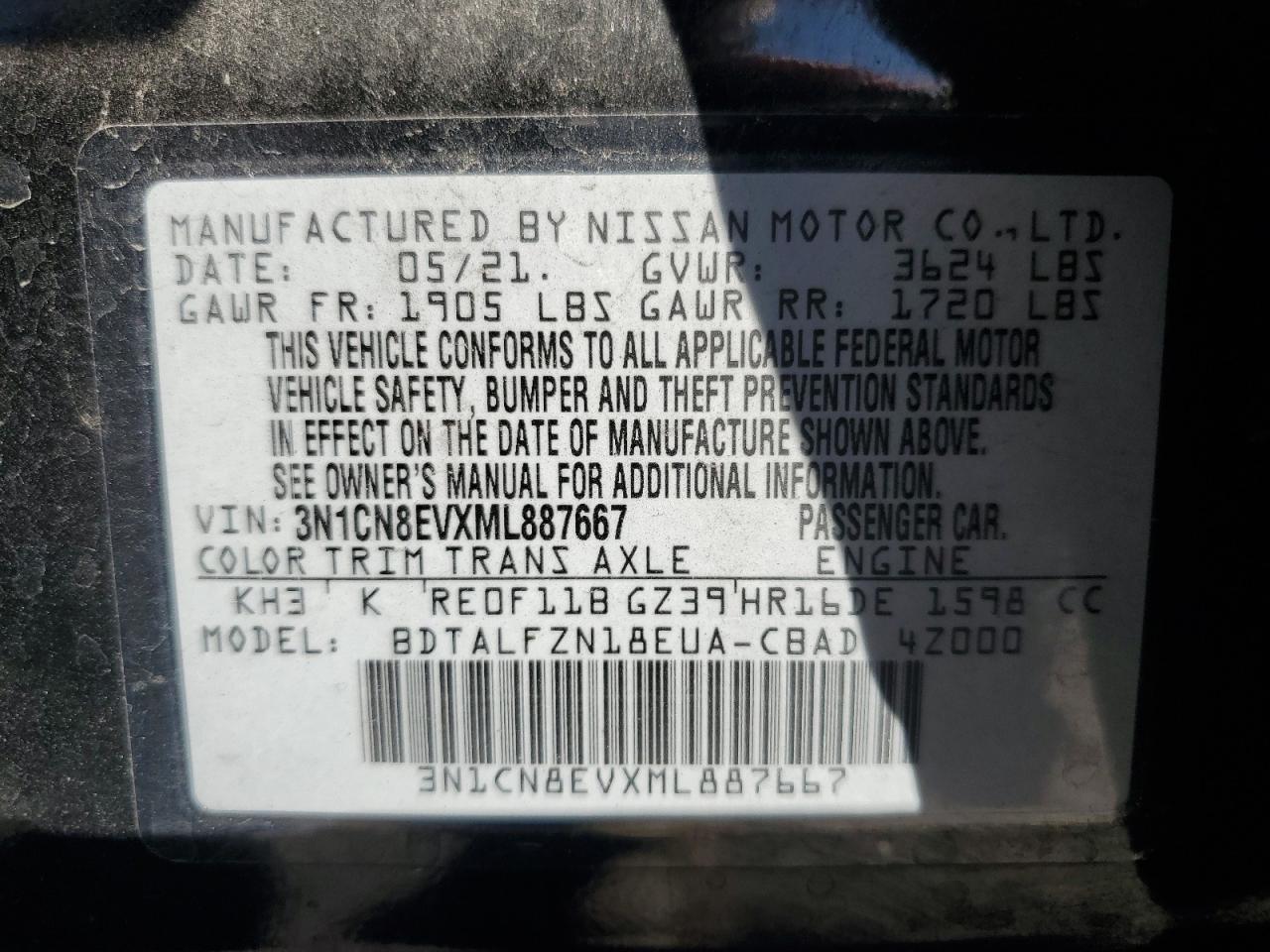 2021 Nissan Versa Sv VIN: 3N1CN8EVXML887667 Lot: 73416974