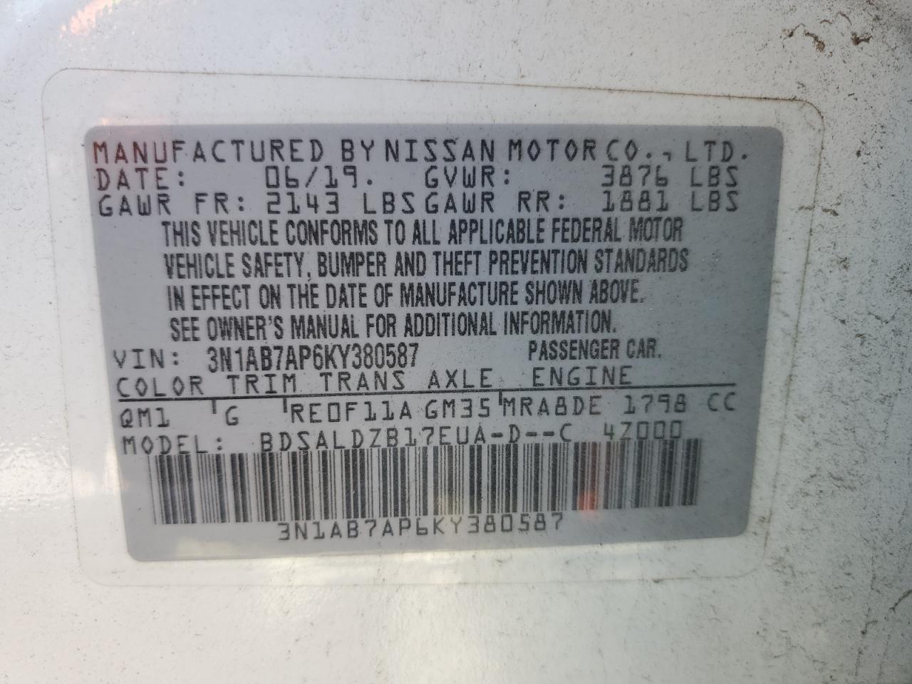 3N1AB7AP6KY380587 2019 Nissan Sentra S