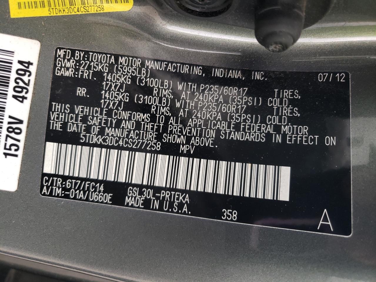 5TDKK3DC4CS277258 2012 Toyota Sienna Le