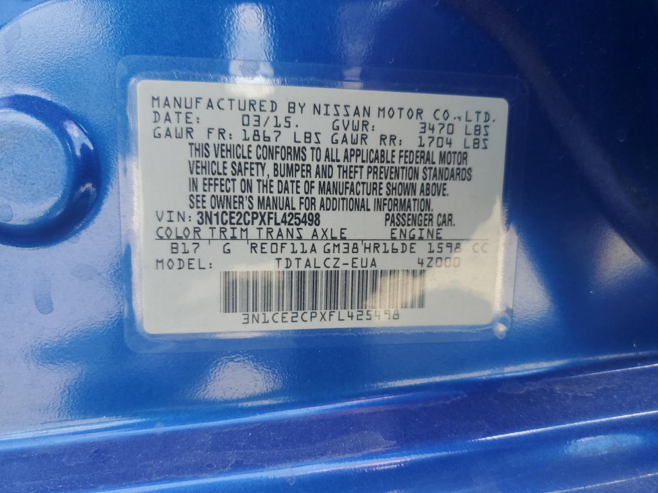 3N1CE2CPXFL425498 2015 Nissan Versa Note S