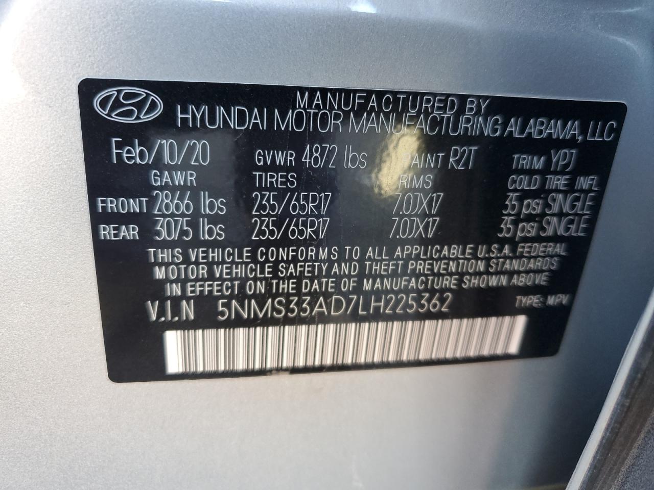 5NMS33AD7LH225362 2020 Hyundai Santa Fe Sel