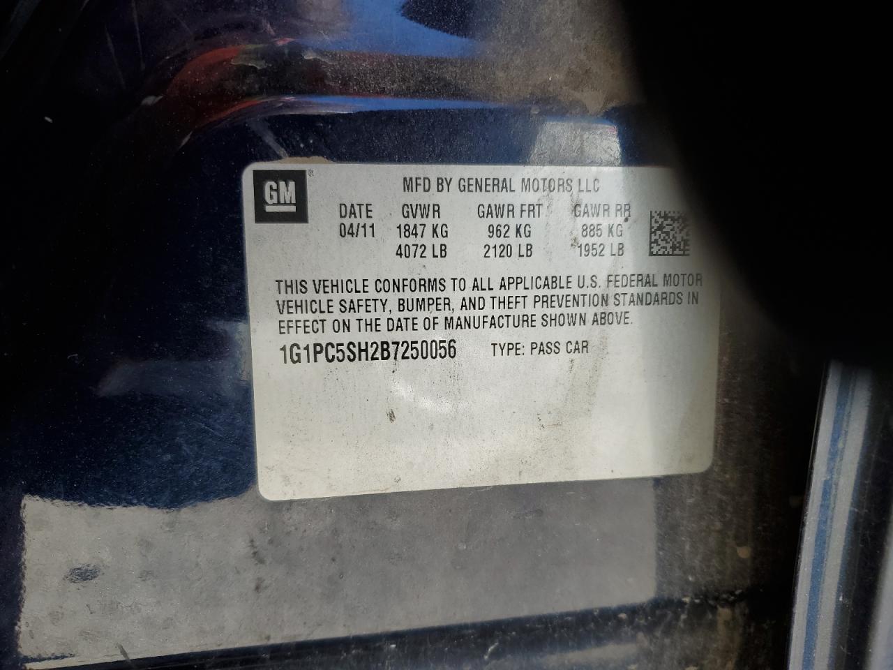 2011 Chevrolet Cruze Ls VIN: 1G1PC5SH2B7250056 Lot: 71705104