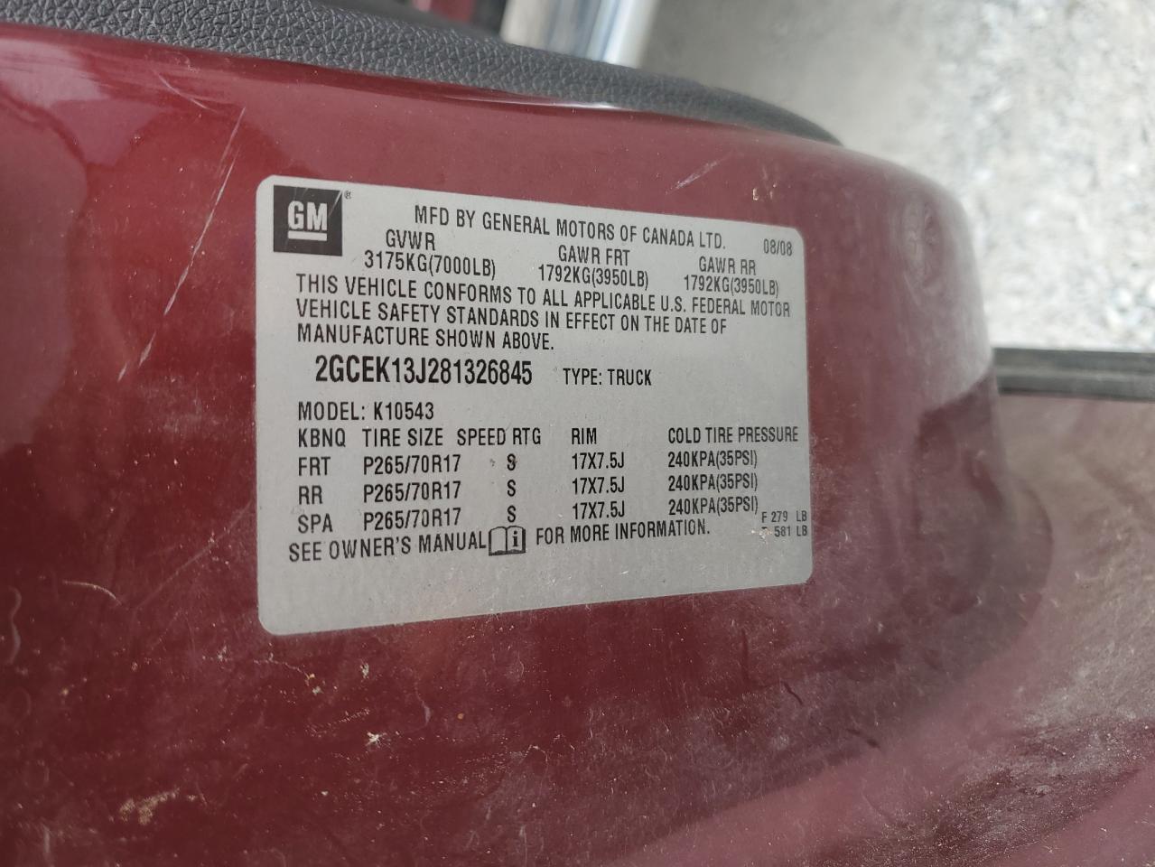 2008 Chevrolet Silverado K1500 VIN: 2GCEK13J281326845 Lot: 72225484
