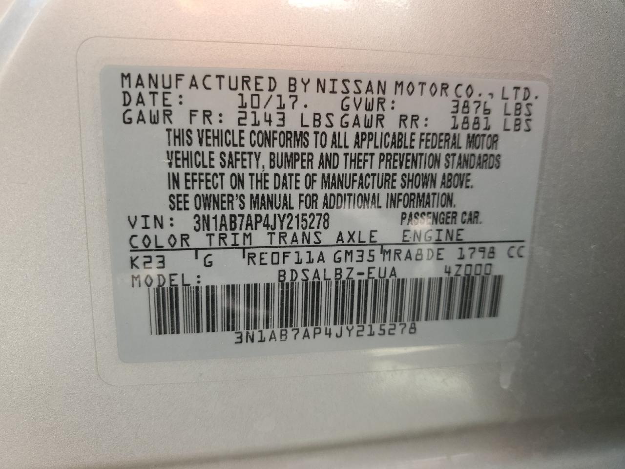 3N1AB7AP4JY215278 2018 Nissan Sentra S