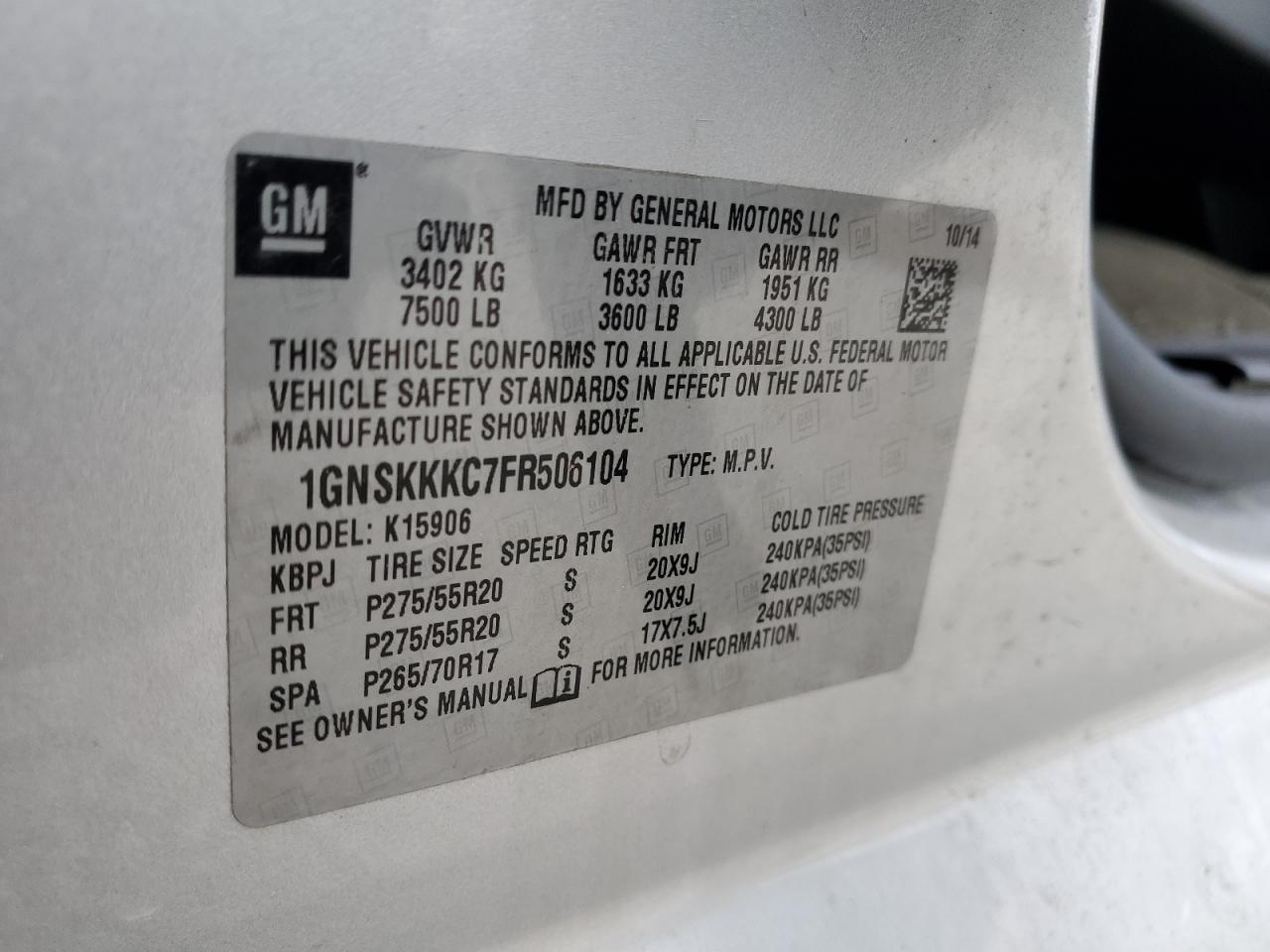 1GNSKKKC7FR506104 2015 Chevrolet Suburban K1500 Ltz