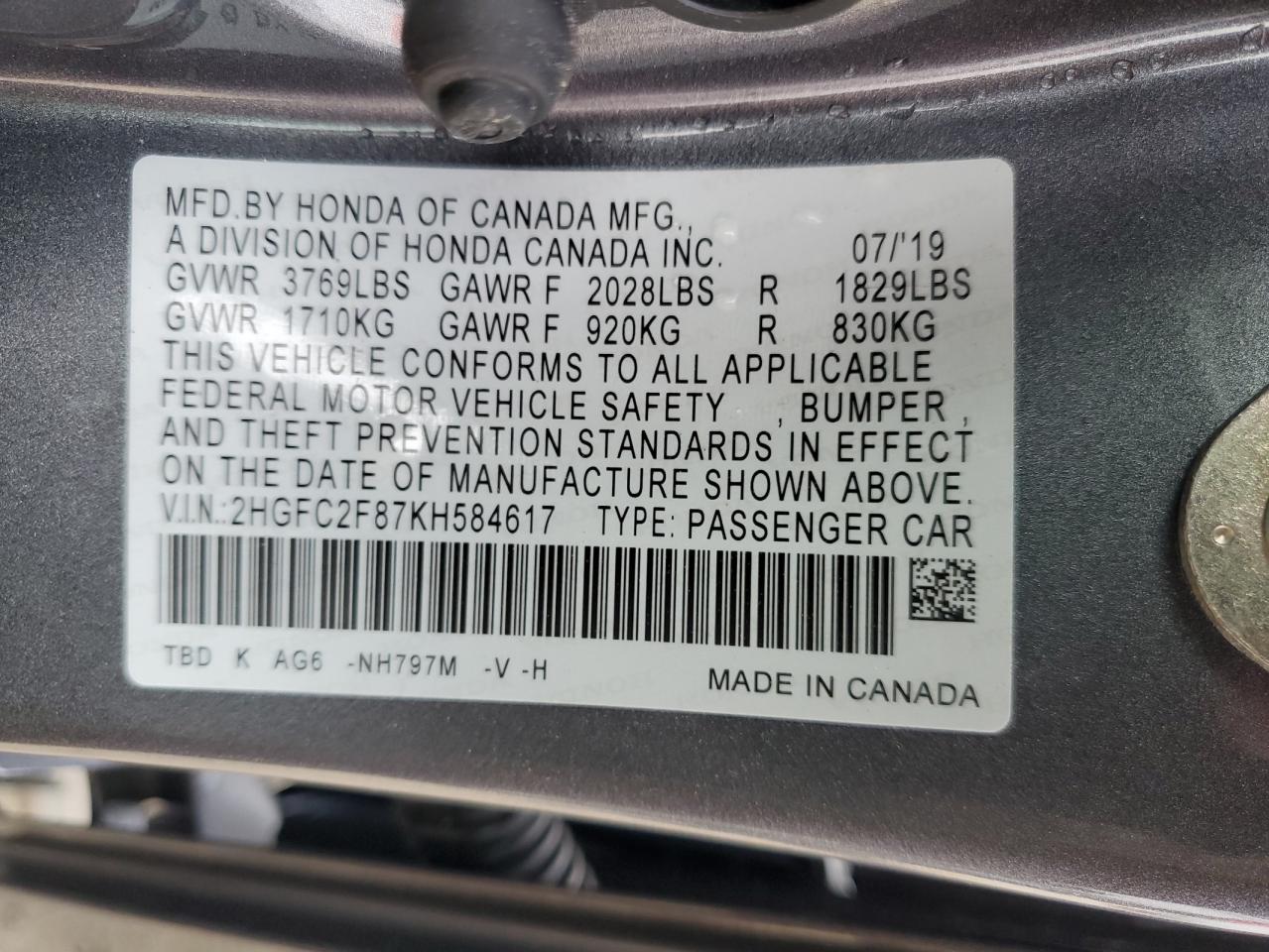 2HGFC2F87KH584617 2019 Honda Civic Sport