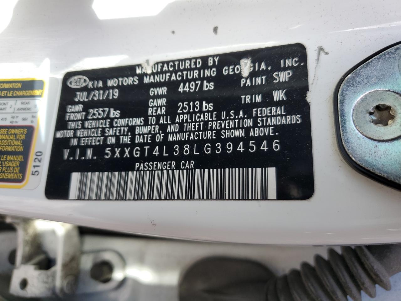 5XXGT4L38LG394546 2020 Kia Optima Lx