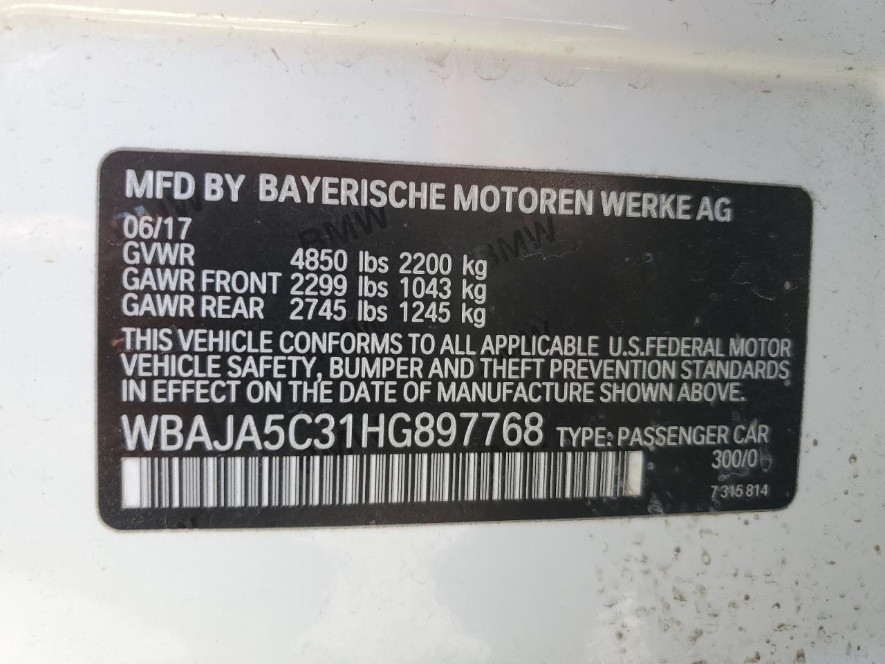 WBAJA5C31HG897768 2017 BMW 530 I