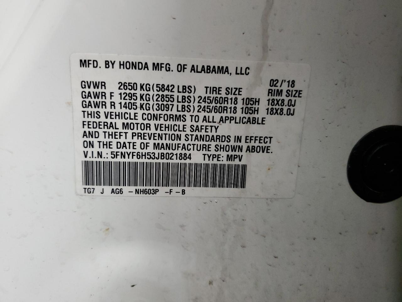 5FNYF6H53JB021884 2018 Honda Pilot Exl