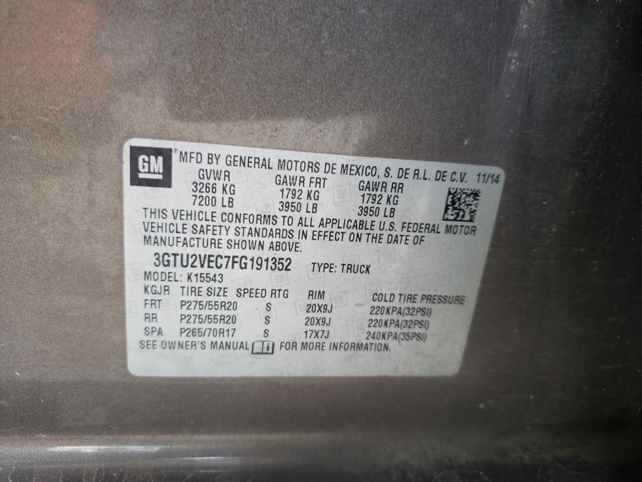 3GTU2VEC7FG191352 2015 GMC Sierra K1500 Slt