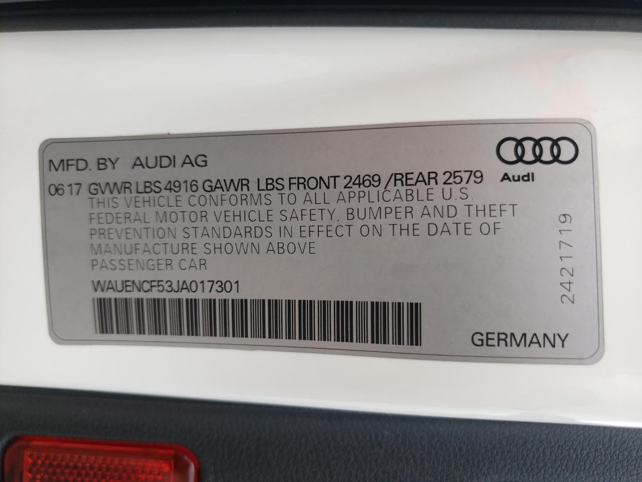 WAUENCF53JA017301 2018 Audi A5 Premium Plus S-Line