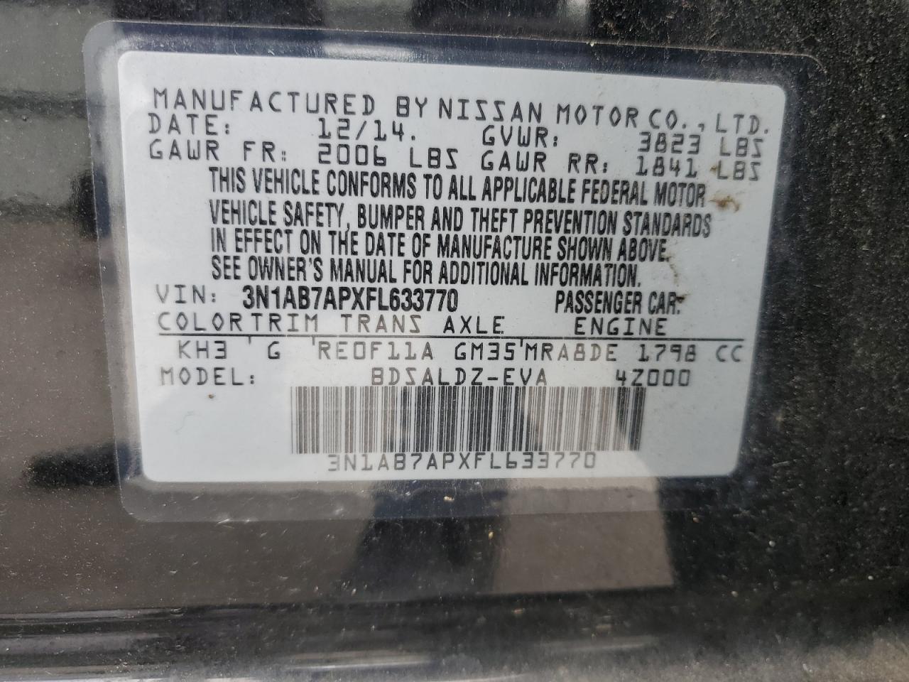 3N1AB7APXFL633770 2015 Nissan Sentra S