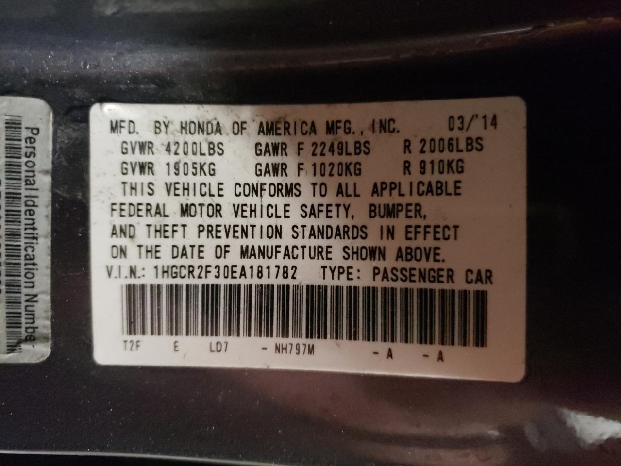 1HGCR2F30EA181782 2014 Honda Accord Lx