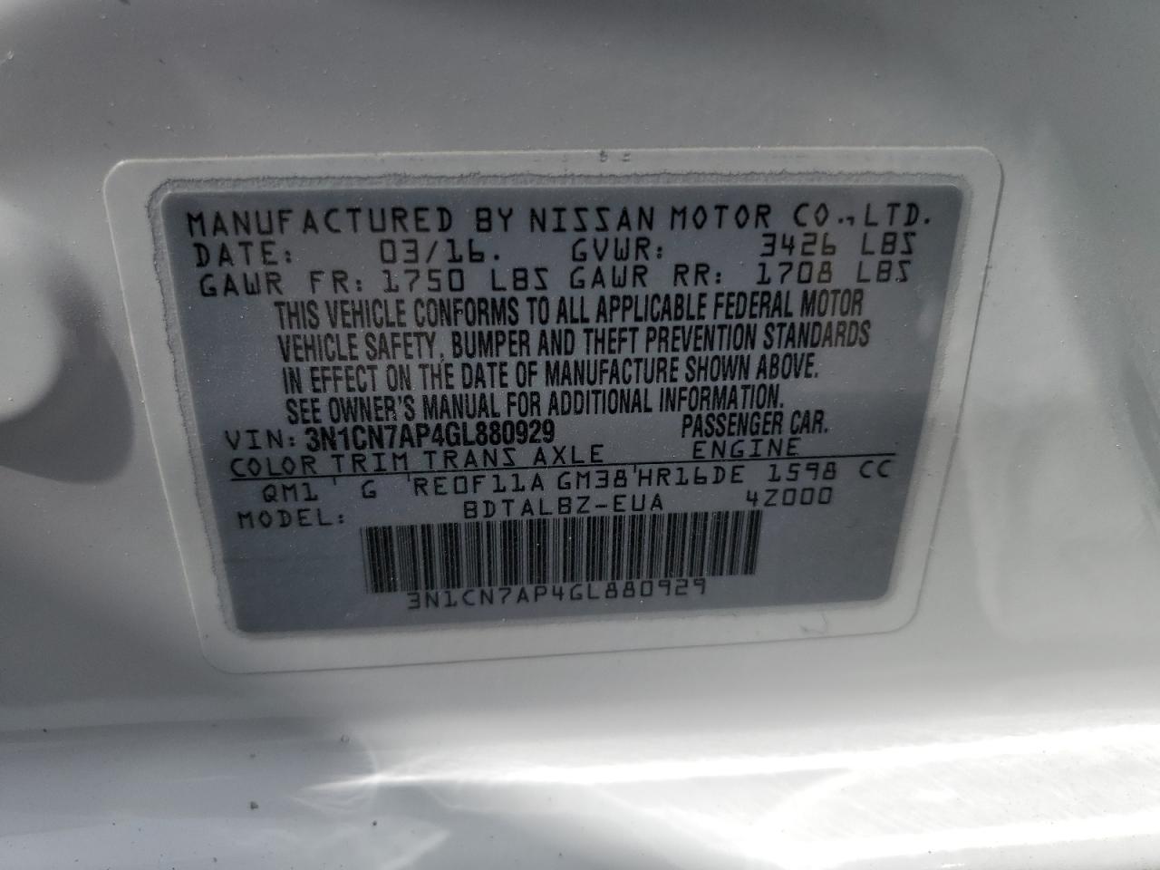 3N1CN7AP4GL880929 2016 Nissan Versa S